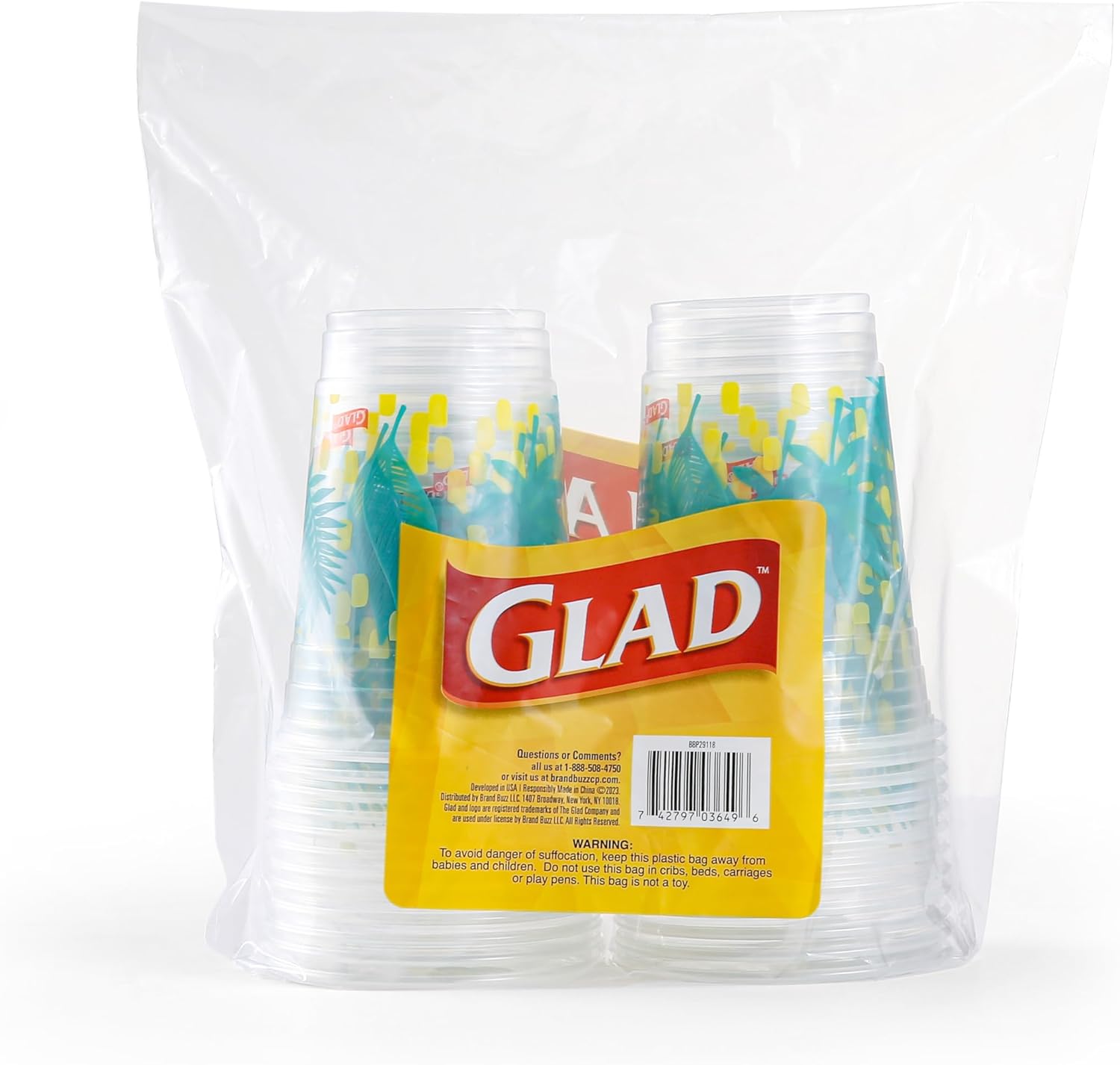 Glad Everyday Clear Plastic Cups with Palm Leaf Print, Strong and Sturdy Plastic Cups for All Occasions - 532 ml, 24ctGlad742797036496Disposable CutleryDisposable Cutlery