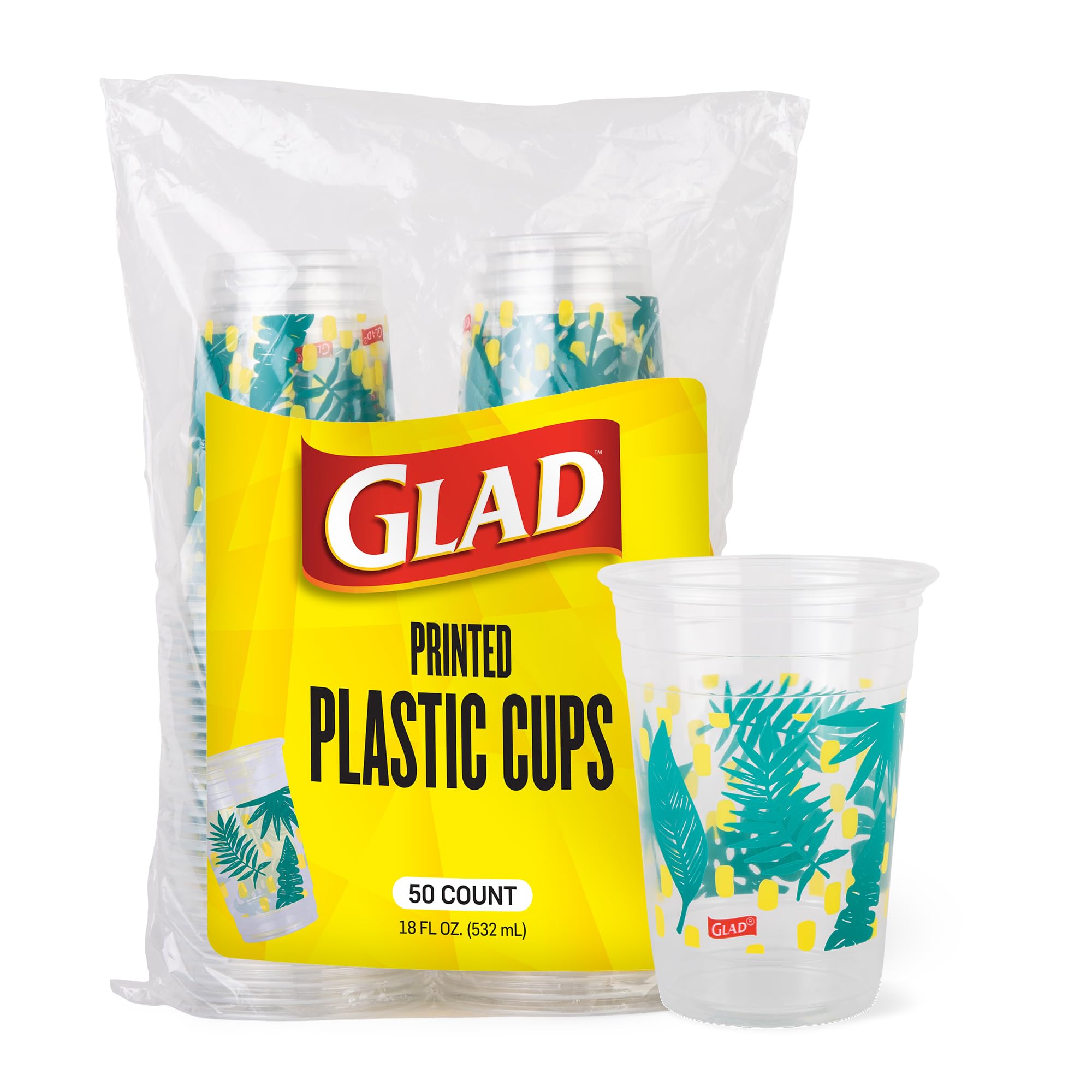 Glad Everyday Clear Plastic Cups with Palm Leaf Print, Strong and Sturdy Plastic Cups for All Occasions - 532 ml, 24ctGlad742797036496Disposable CutleryDisposable Cutlery