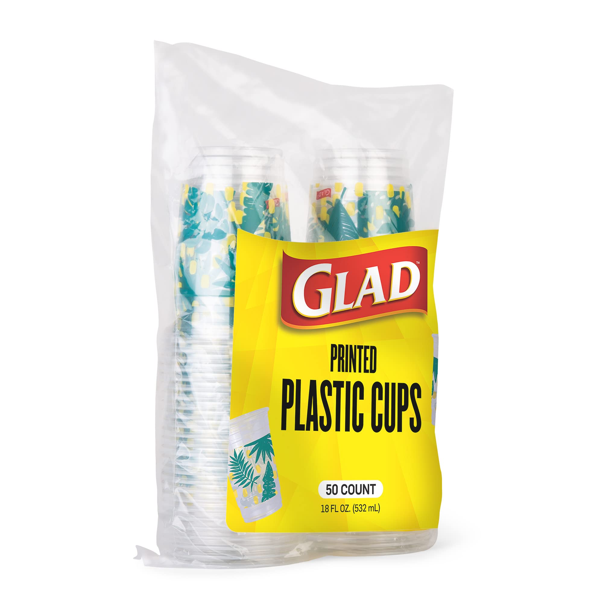 Glad Everyday Clear Plastic Cups with Palm Leaf Print, Strong and Sturdy Plastic Cups for All Occasions - 532 ml, 24ctGlad742797036496Disposable CutleryDisposable Cutlery