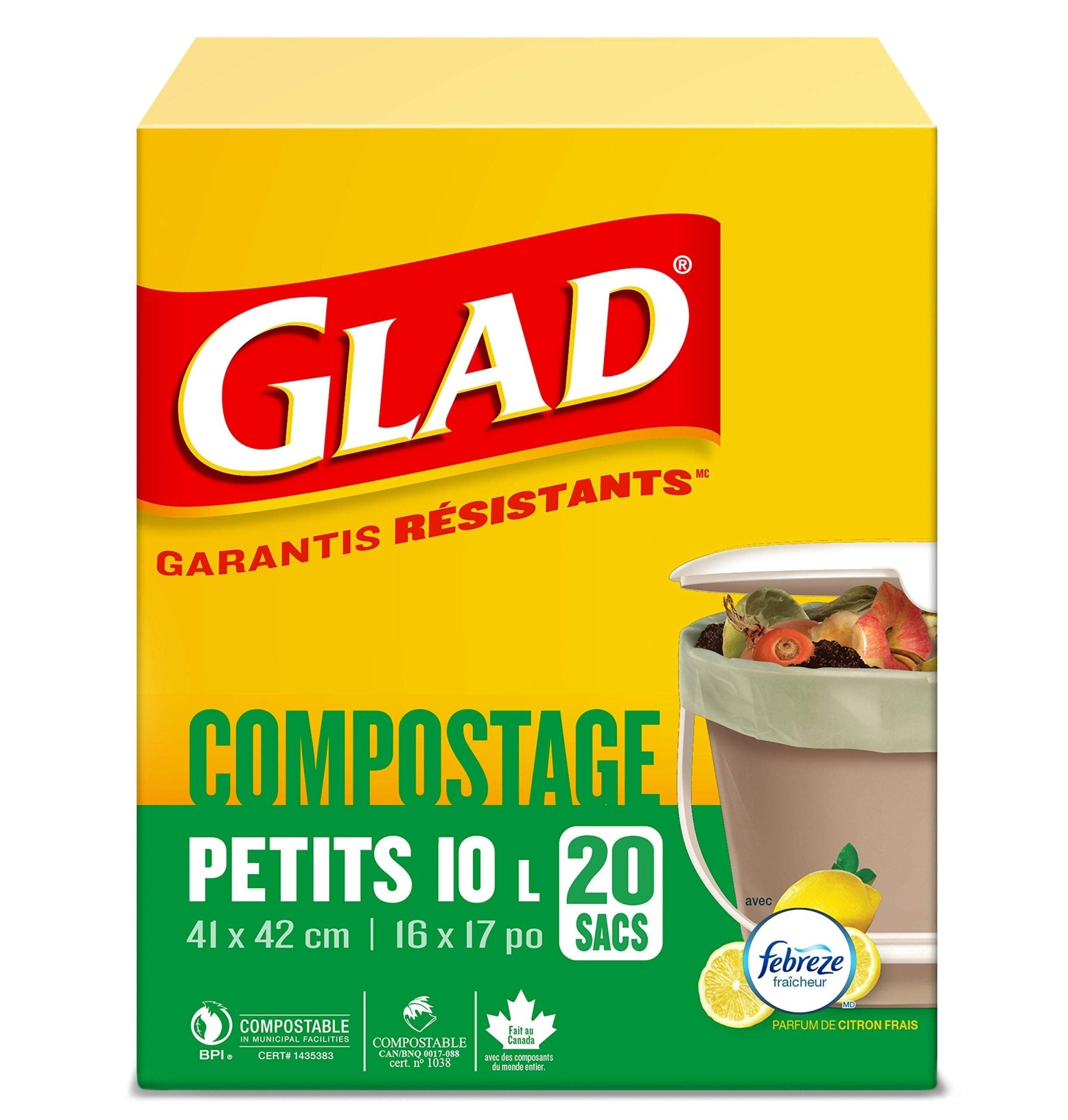 Glad Kitchen Compost trash Bags - Febreze Fresh Lemon, Small 10 L - 20 CountGlad885865741202Garbage BagGarbage Bag