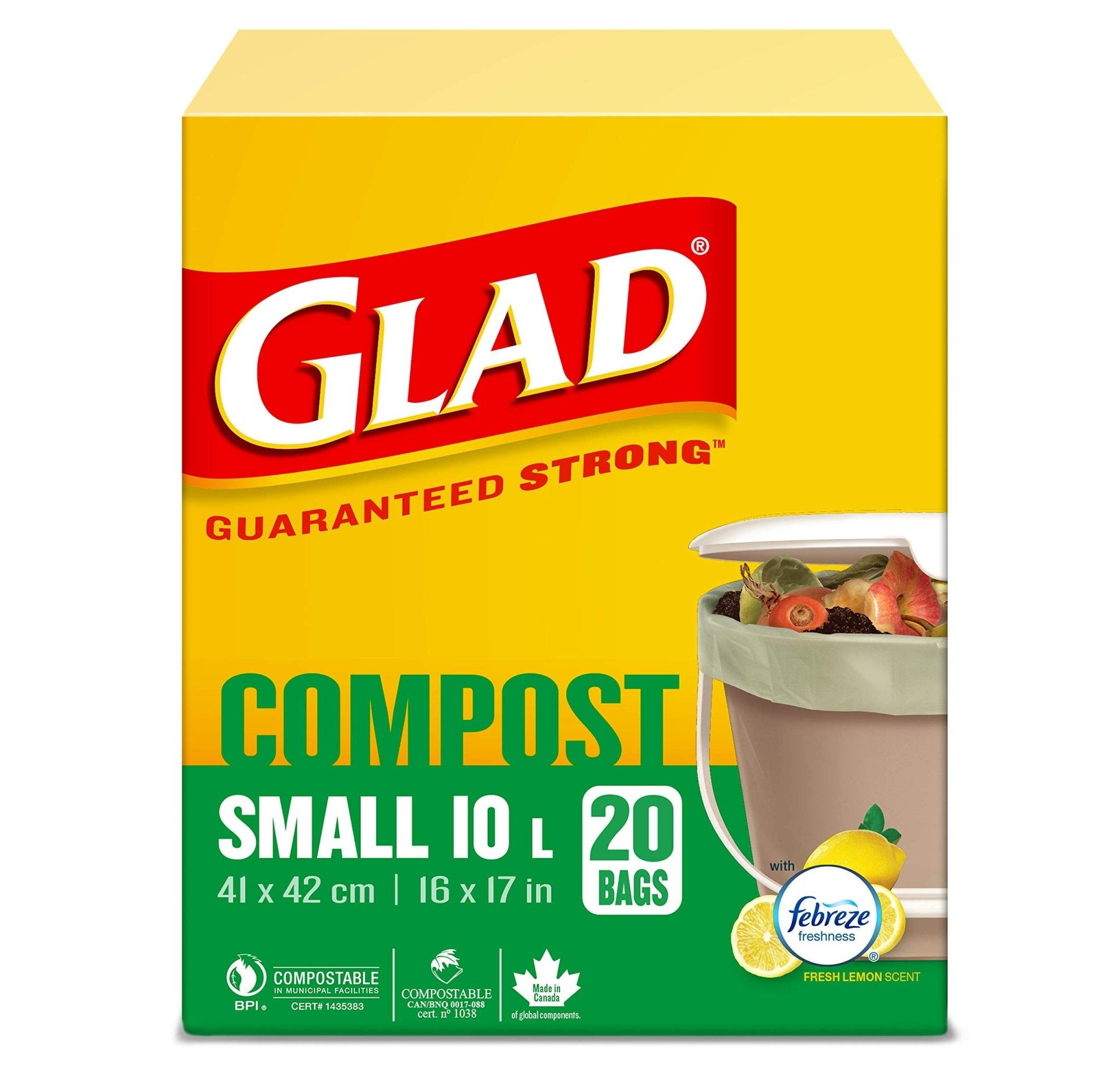 Glad Kitchen Compost trash Bags - Febreze Fresh Lemon, Small 10 L - 20 CountGlad885865741202Garbage BagGarbage Bag