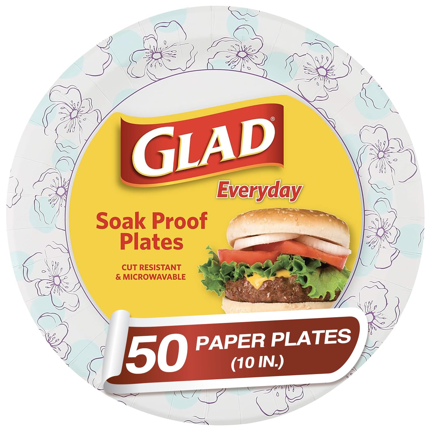 Glad Round Disposable Paper Plates for All Occasions - Soak Proof, Cut Proof, Microwaveable Heavy Duty Disposable Plates - 10" Diameter, 50 countGlad742797779782Disposable PlatesDisposable Plates