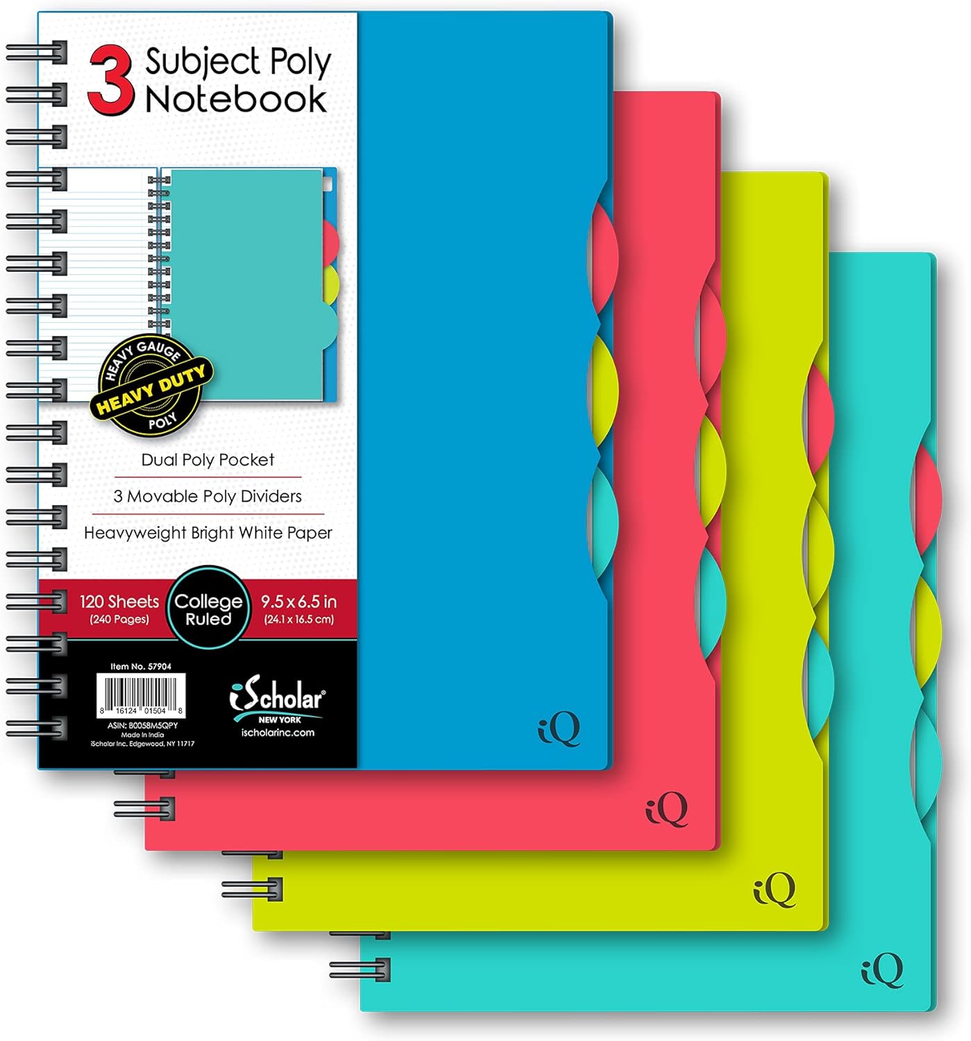 iScholar iQ 3 Subject Poly Cover Double Wire Notebook, College Rule, 9.5 x 6.5 Inches - 120 SheetsiScholar816124015048NotebookNotebook