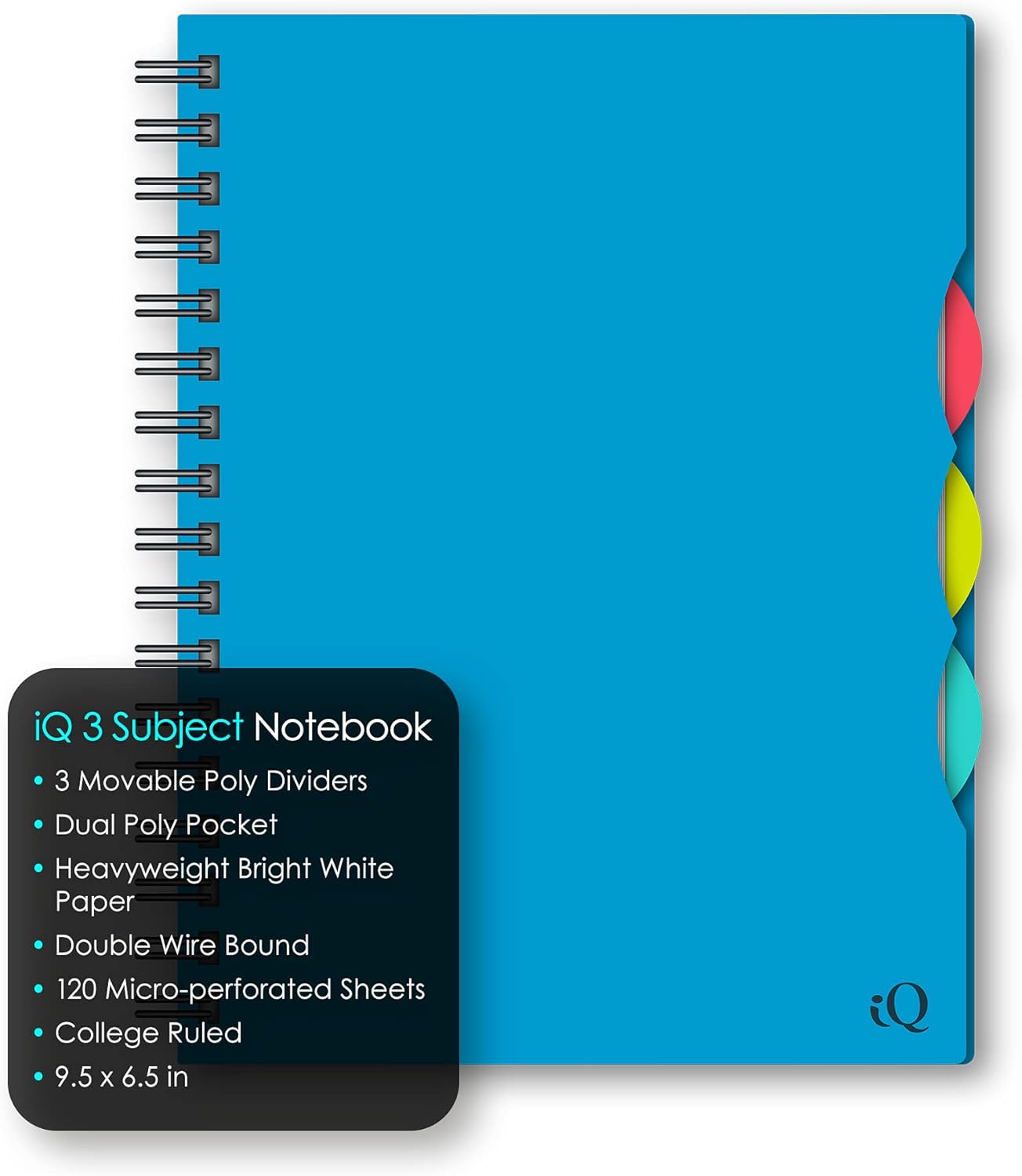 iScholar iQ 3 Subject Poly Cover Double Wire Notebook, College Rule, 9.5 x 6.5 Inches - 120 SheetsiScholar816124015048NotebookNotebook