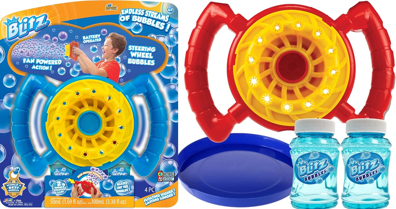 JA - RU Blitz Fan Bubble Wheel Blower with 2 Non Toxic Bubble Soap Solution, Battery Operated Automatic Bubble Maker Machine. Kids Outdoor Handheld Portable ToysJA - RU075656986008Bubble MakerBubble Maker