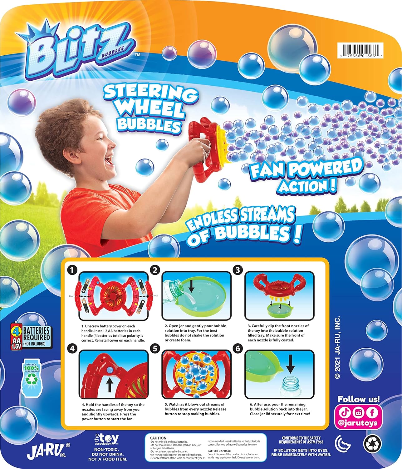 JA - RU Blitz Fan Bubble Wheel Blower with 2 Non Toxic Bubble Soap Solution, Battery Operated Automatic Bubble Maker Machine. Kids Outdoor Handheld Portable ToysJA - RU075656986008Bubble MakerBubble Maker