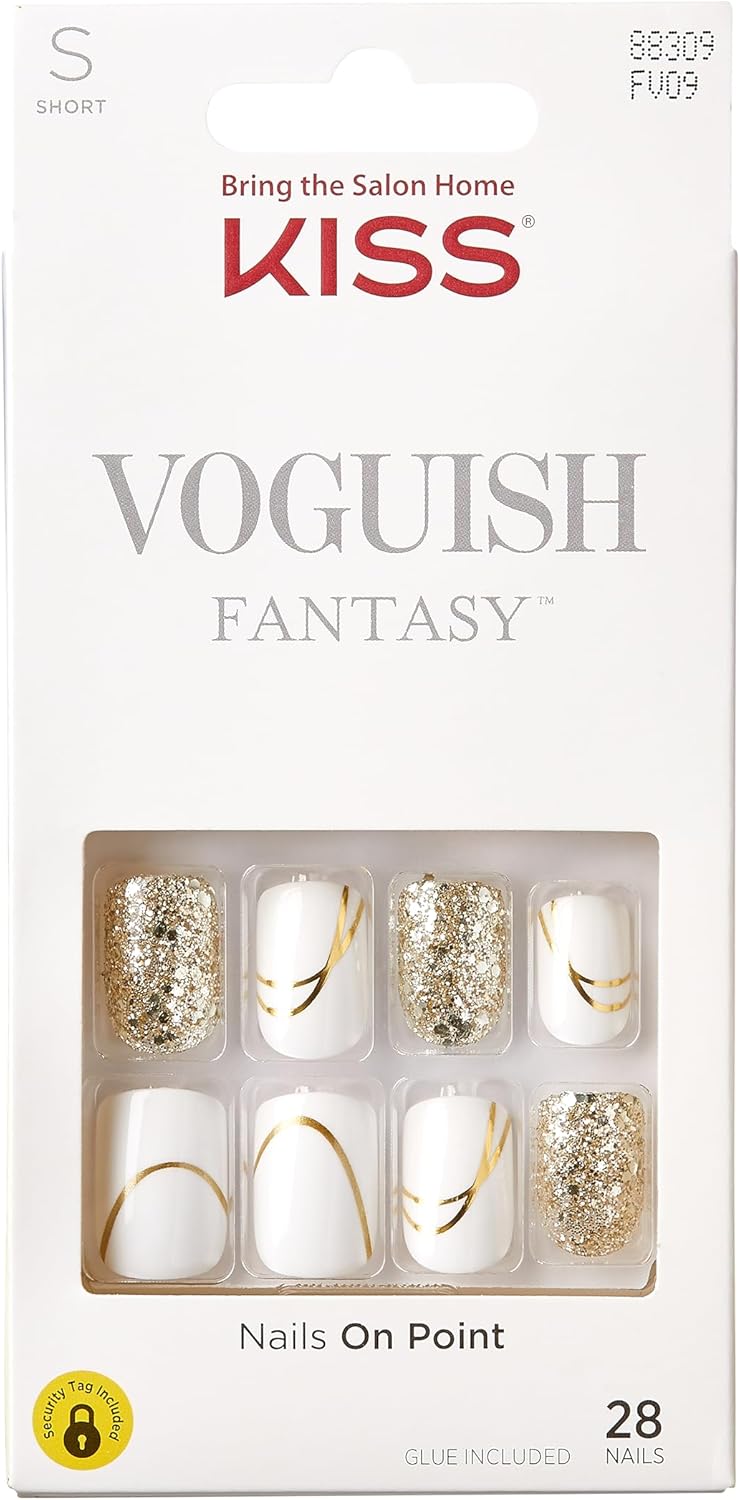 KISS Voguish Fantasy Press On Nails, 2g glue, 1 Manicure Stick, 1 Mini File - Glam and Glow - White - Short Size - 28 NailsKiss731509883091Press On NailsPress On Nails