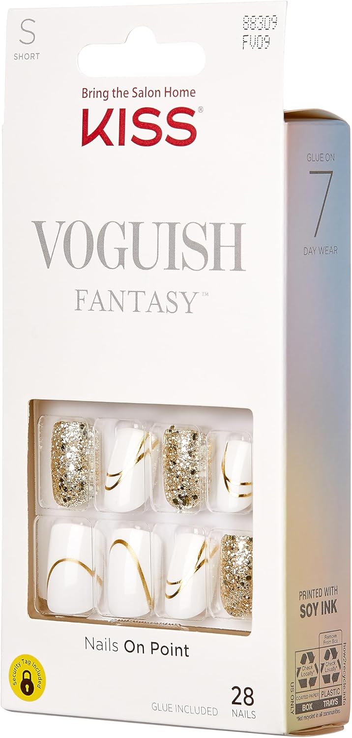 KISS Voguish Fantasy Press On Nails, 2g glue, 1 Manicure Stick, 1 Mini File - Glam and Glow - White - Short Size - 28 NailsKiss731509883091Press On NailsPress On Nails