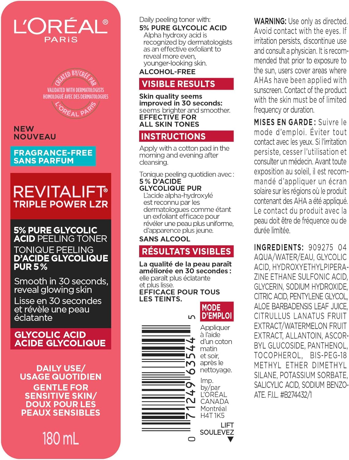 L’Oréal Paris Revitalift 5% Pure Glycolic Acid Peeling Toner from Derm Intensives with Aloe Vera, Smooth Skin & Reveal Glow, Daily Exfoliant for Brighter Skin - 180 mlL’Oréal Paris071249635445Face TonerFace Toner