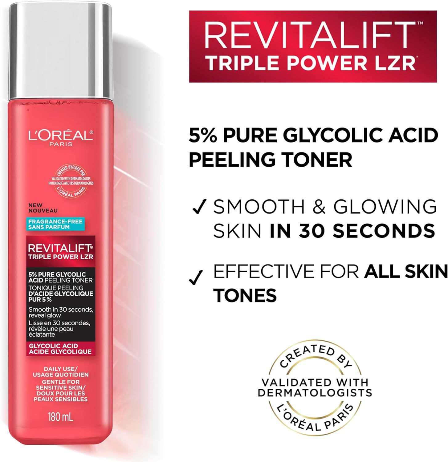 L’Oréal Paris Revitalift 5% Pure Glycolic Acid Peeling Toner from Derm Intensives with Aloe Vera, Smooth Skin & Reveal Glow, Daily Exfoliant for Brighter Skin - 180 mlL’Oréal Paris071249635445Face TonerFace Toner