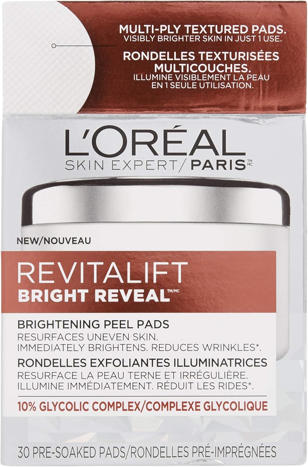 L’Oréal Paris Revitalift Bright Reveal Brightening Peel Pads with Glycolic Acid to Reduce Wrinkles and Brighten Skin - 30 ctL’Oréal Paris071249315033Sheet Face MaskSheet Face Mask