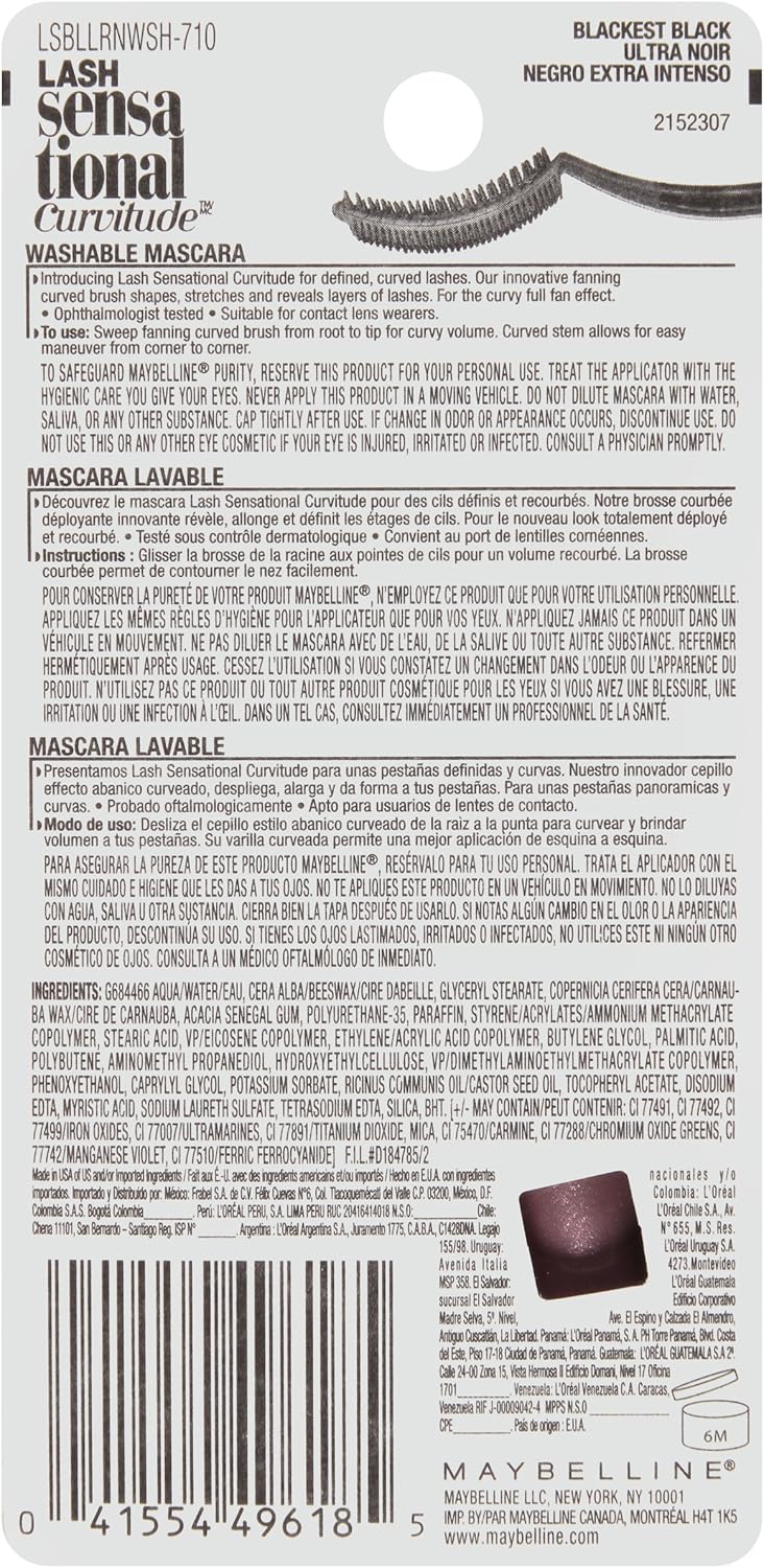Maybelline New York Lash Sensational Curvitude Washable Mascara - Blackest Black, 0.33 Fluid OunceMAYBELLINE041554496185MascaraMascara