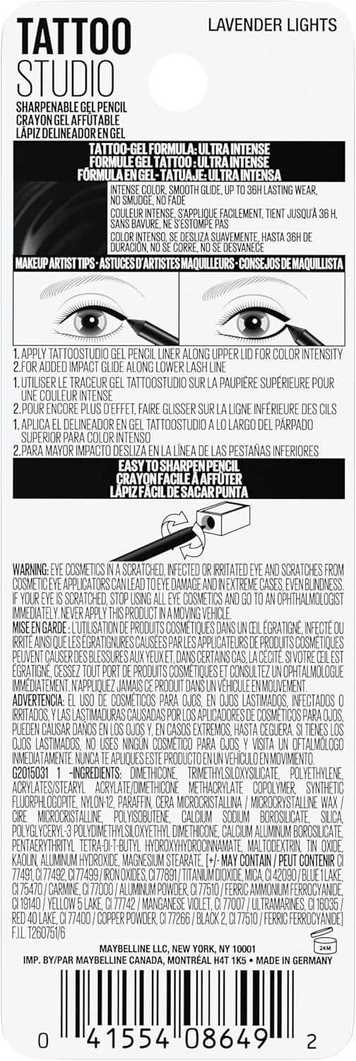 MAYBELLINE Tattoo Studio Sharpenable Eyeliner Gel Pencil, 36 Hour Wear, WaterproofMAYBELLINE041554086508EyelinerEyeliner