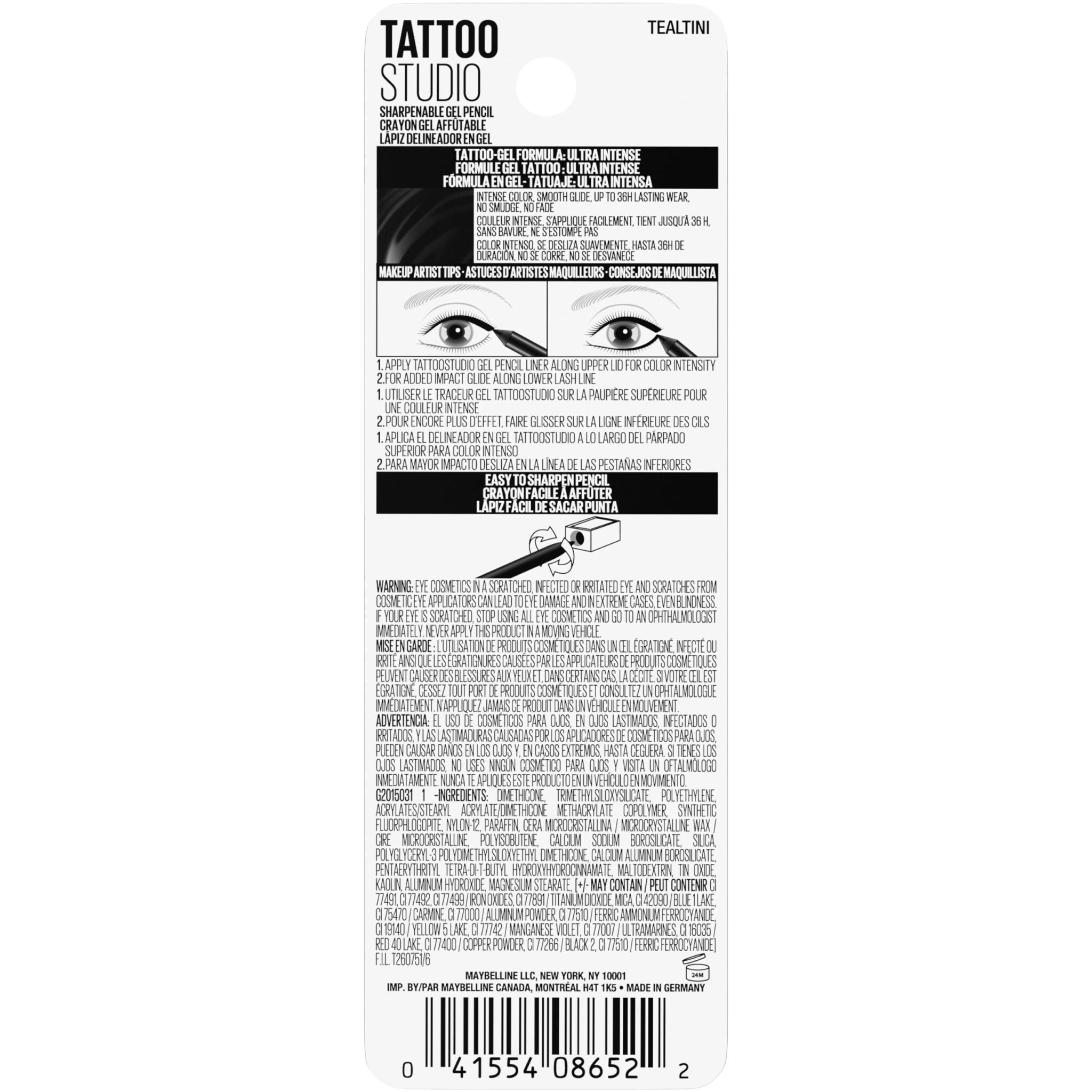 MAYBELLINE Tattoo Studio Sharpenable Eyeliner Gel Pencil, 36 Hour Wear, WaterproofMAYBELLINE041554086508EyelinerEyeliner