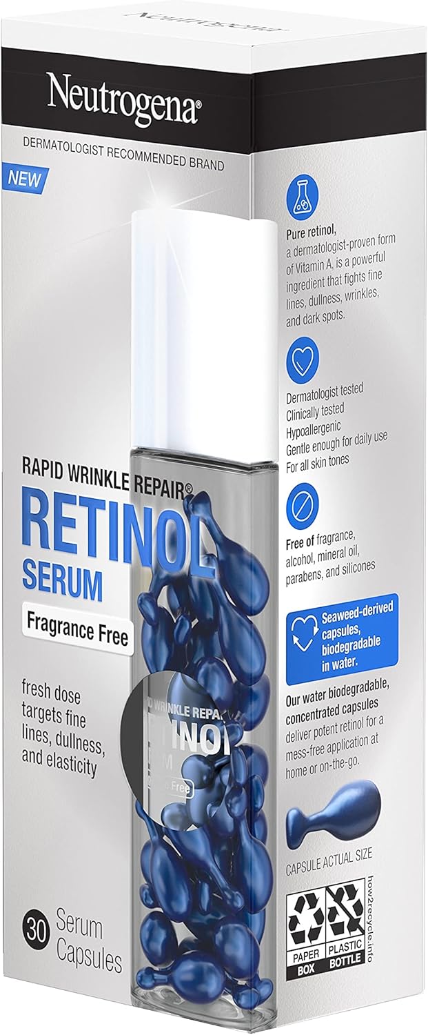 Neutrogena Rapid Wrinkle Repair Retinol Face Serum Capsules, Fragrance - Free Daily Facial Serum with Retinol that fights Fine Lines, Wrinkles, Dullness, Alcohol - Free & Non - Greasy, 30 ctNeutrogena070501194195Face SerumFace Serum