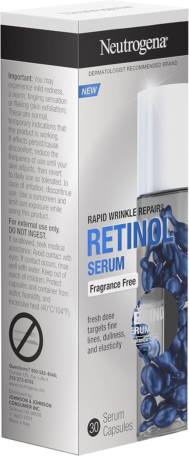 Neutrogena Rapid Wrinkle Repair Retinol Face Serum Capsules, Fragrance - Free Daily Facial Serum with Retinol that fights Fine Lines, Wrinkles, Dullness, Alcohol - Free & Non - Greasy, 30 ctNeutrogena070501194195Face SerumFace Serum