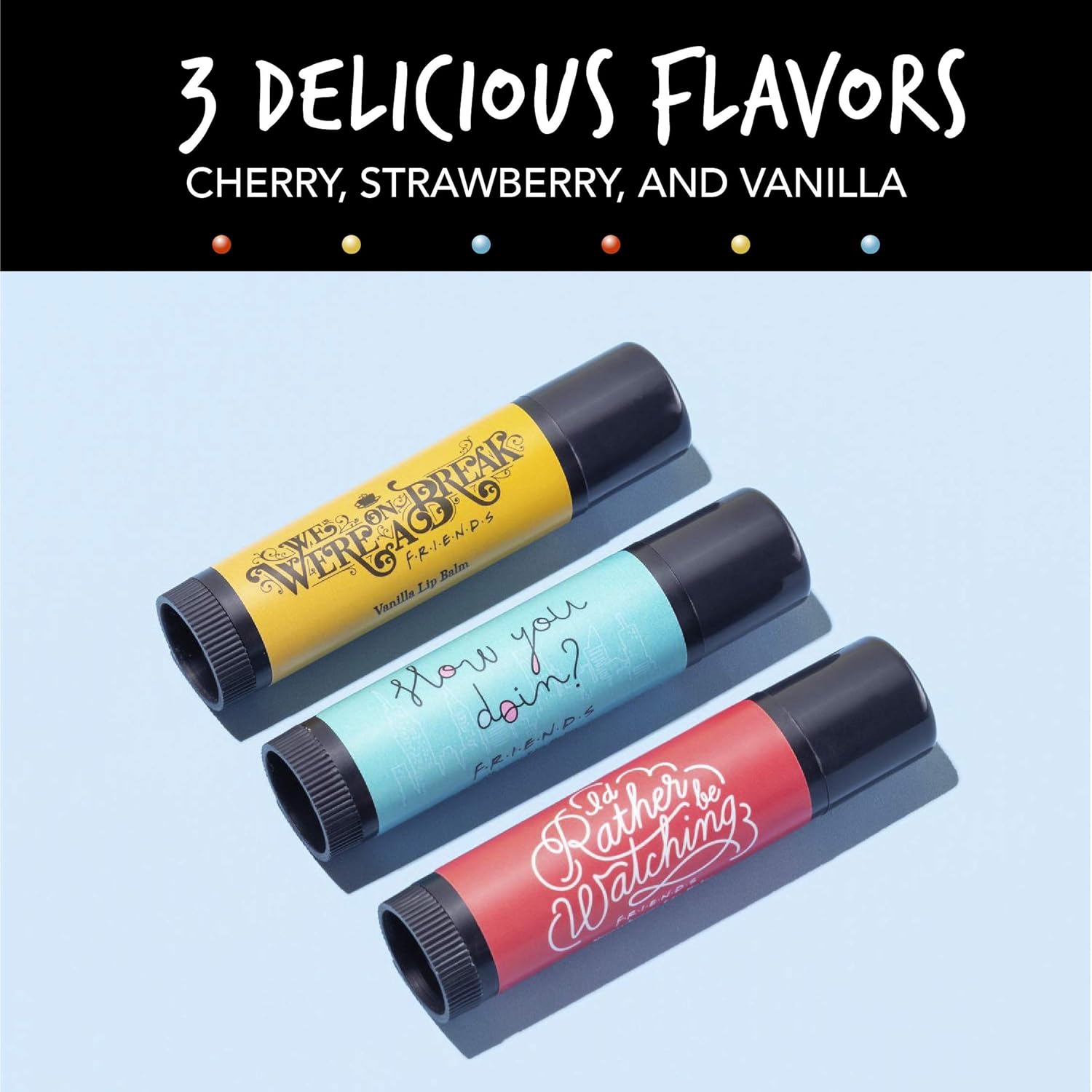 Paladone Friends Lip Balm Trio - Set of Three Flavoured Lip Balms, Strawberry, Vanilla, CherryPaladone5055964752439Lip BalmLip Balm