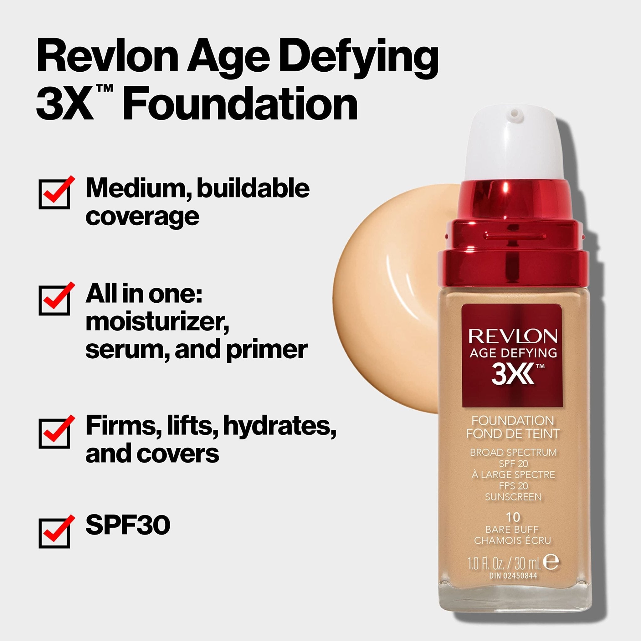 Revlon Age Defying 3X Liquid Foundation, Broad Spectrum SPF 20 - 30 mlRevlon309974531306FoundationFoundation
