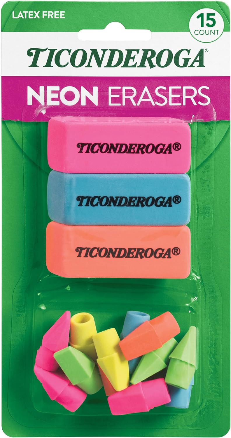 Ticonderoga Neon Erasers, Latex Free, Assorted Colors - 15 CountTICONDEROGA799198090213Pencil ErasersPencil Erasers