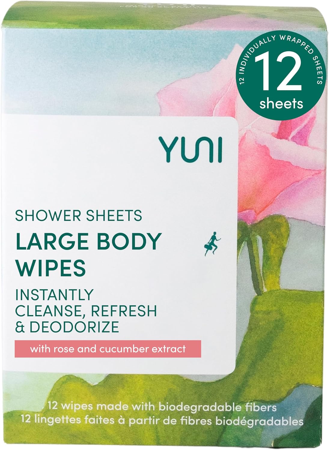 YUNI Shower Sheets Large Body Wipes, Soft Moist Showerless Wipes, Instantly Cleanse, Refresh and Deodorize - 12 SheetsYUNI856349007534Moist WipesMoist Wipes
